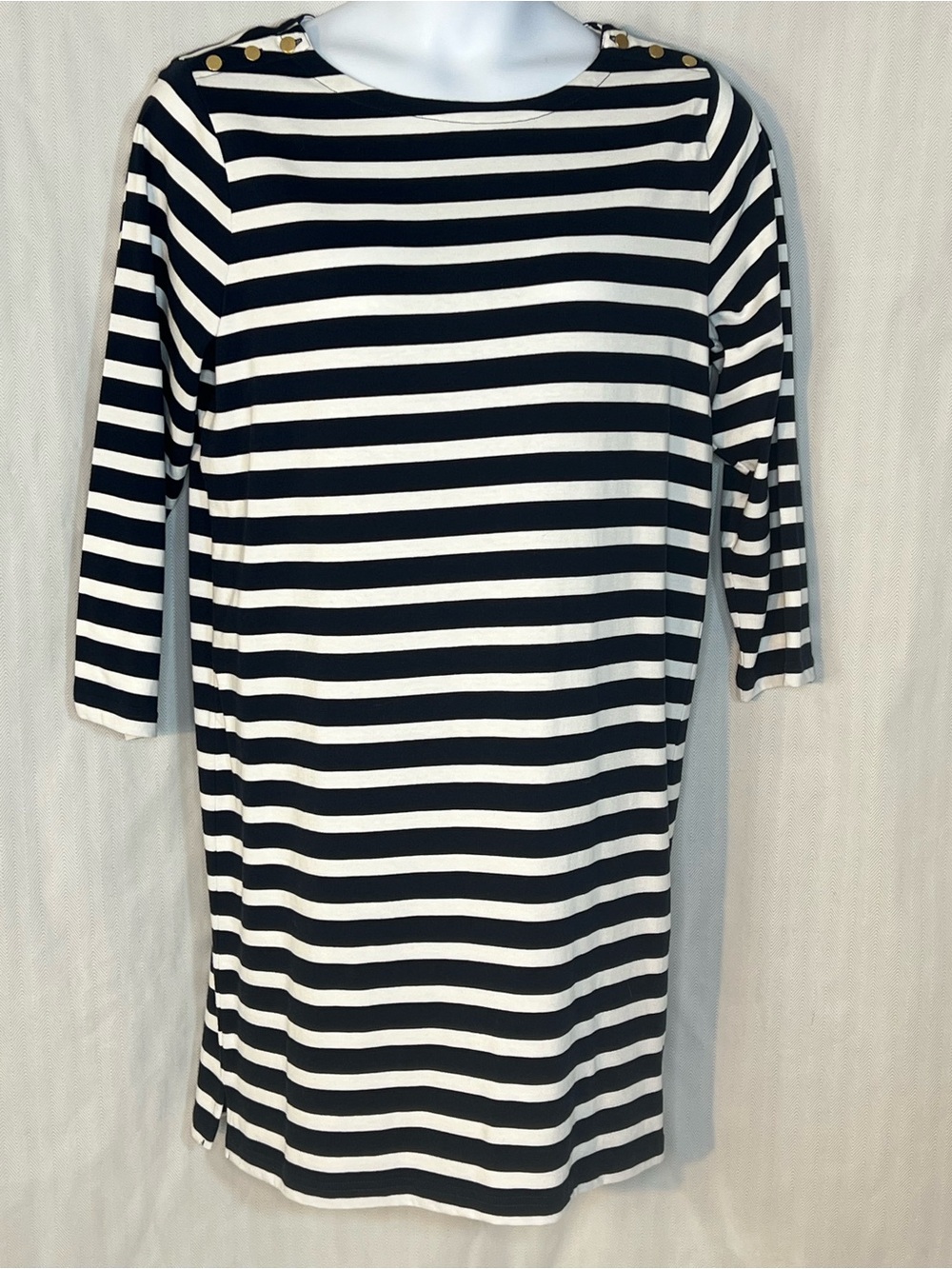 J. Crew Dress Blue & White Stripped Maritime Collection Cotton Shoulder Button L